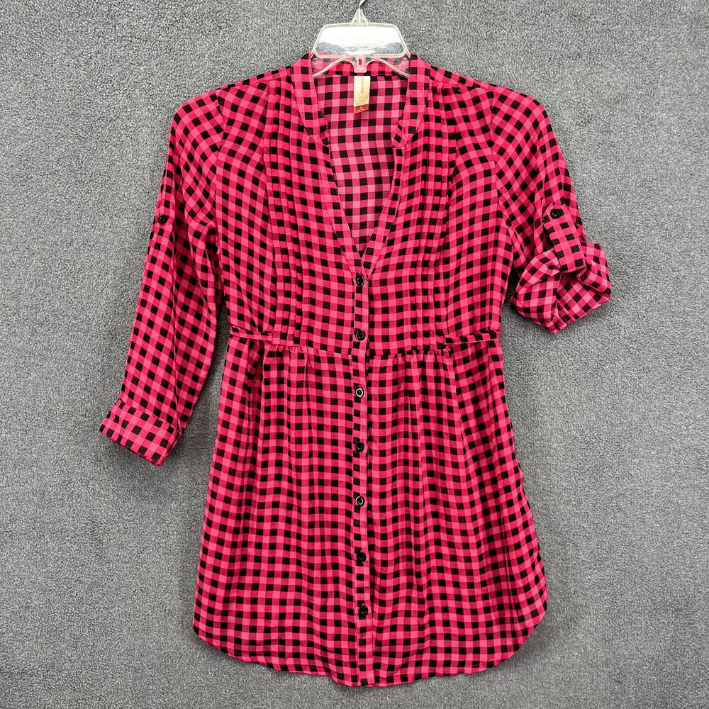 No Boundaries Top Junior Medium 7-9 Pink black Check Sheer‎ Blouse Tunic